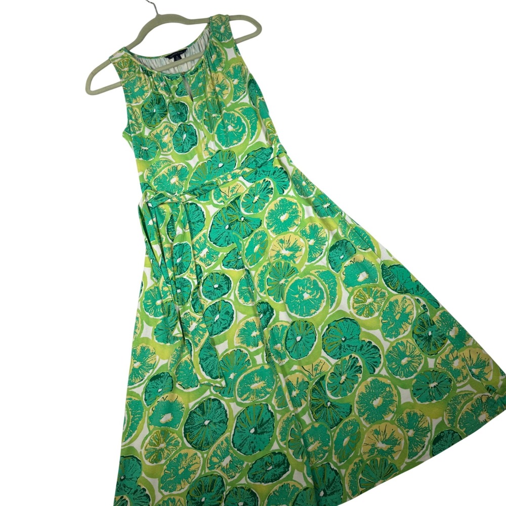 Lands End Womens Small S 6-8 Green Citrus Lime Print Fit Flare Midi Dress 441960